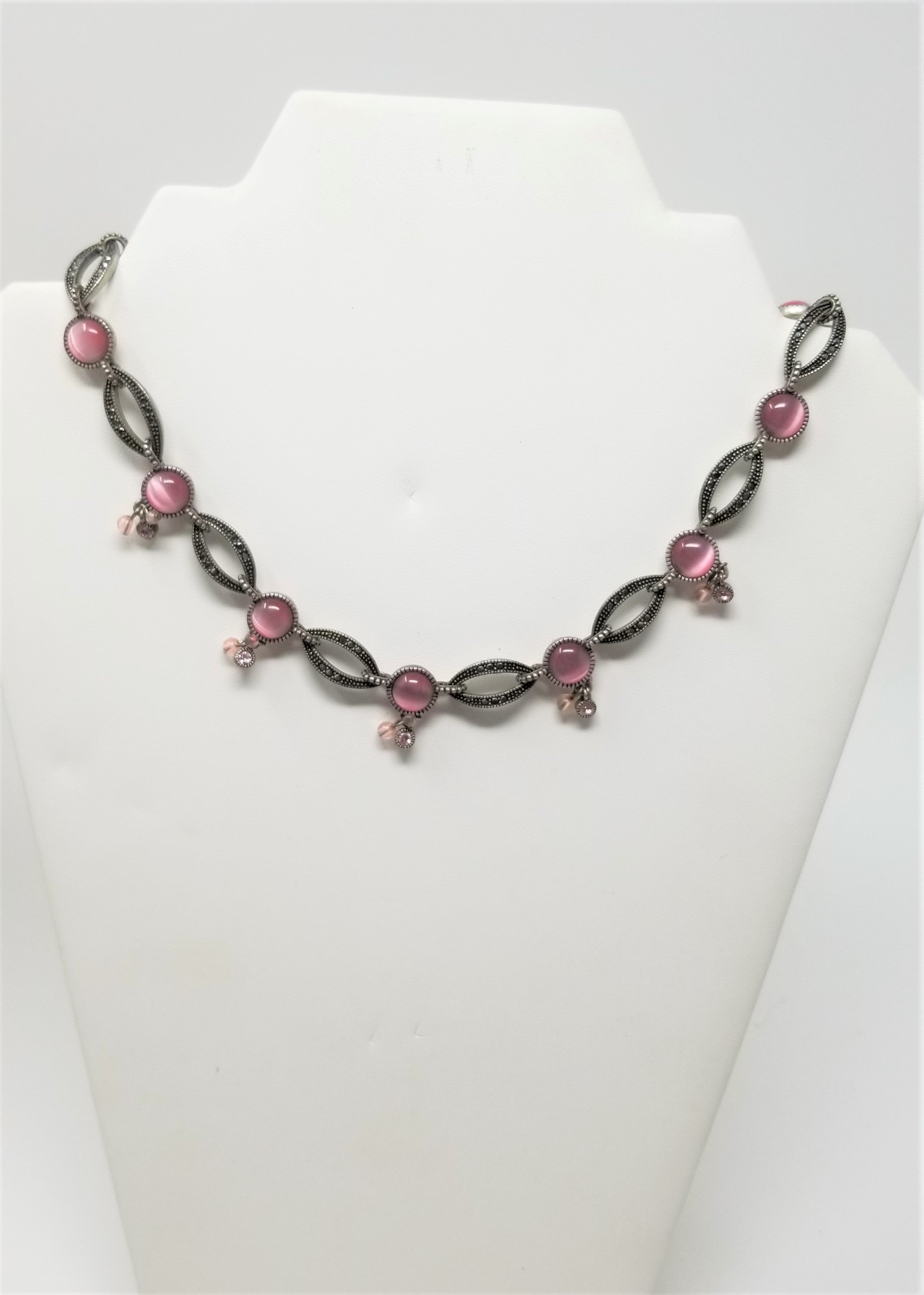 Antique Silver Pink Cats Eye & Marcasite Choker Necklace
