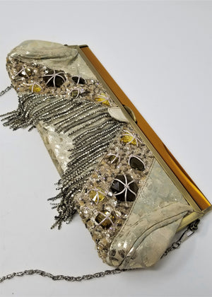 Mary Frances Metallic Leopard Beaded Fringe Rhinestone Handbag Clutch Crossbody