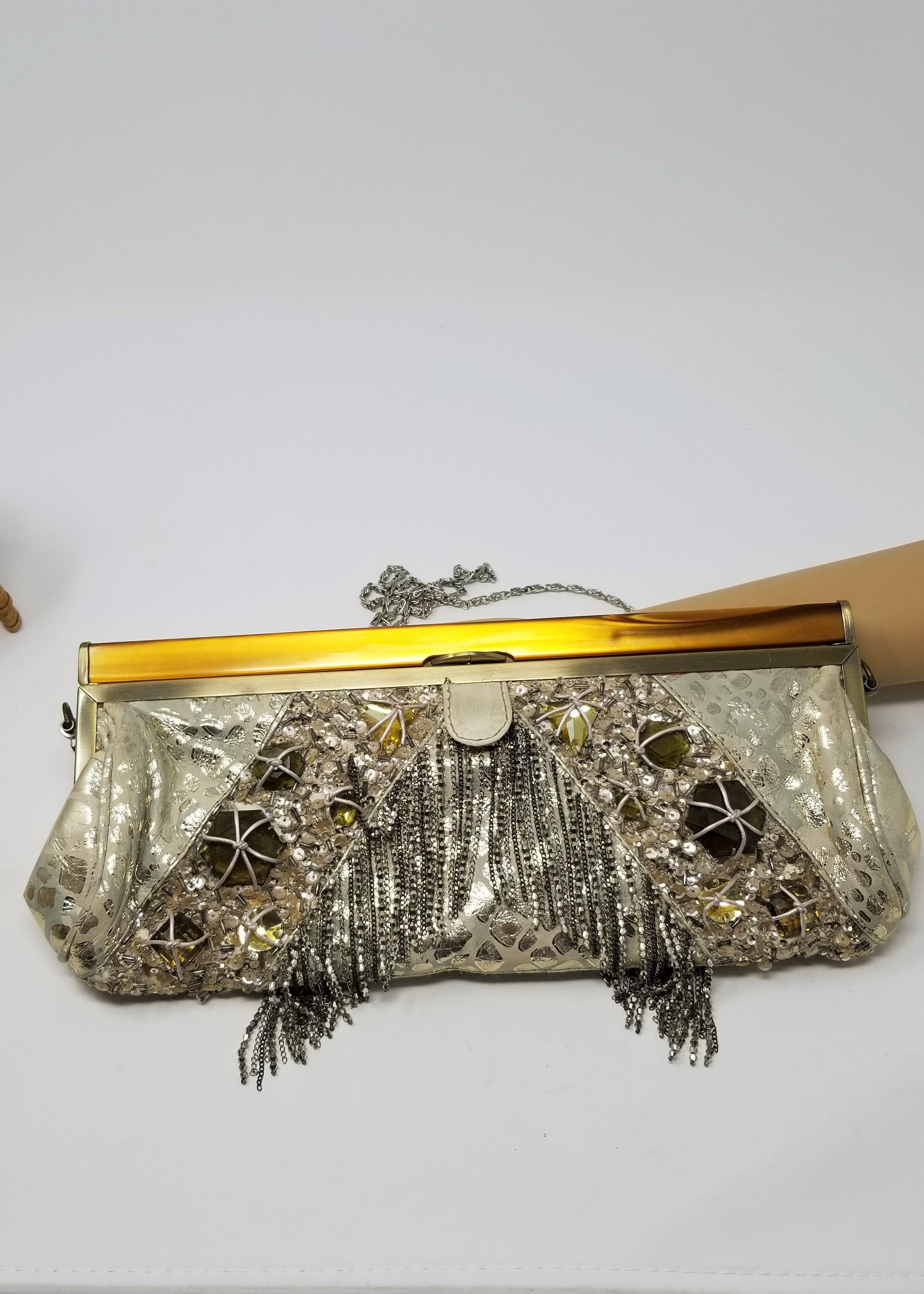Mary Frances Metallic Leopard Beaded Fringe Rhinestone Handbag Clutch Crossbody