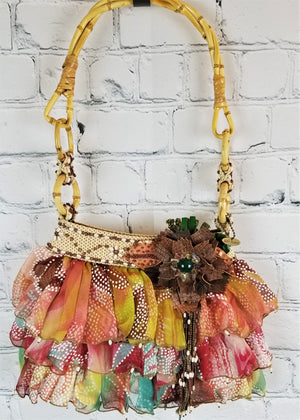 MARY FRANCES Ruffled Multi-Color Bamboo Handle Purse Handbag