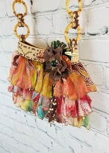MARY FRANCES Ruffled Multi-Color Bamboo Handle Purse Handbag