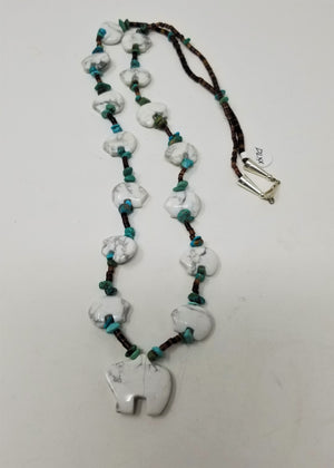 Zuni Bear Necklace Howlite Turquoise and Heshi Shell