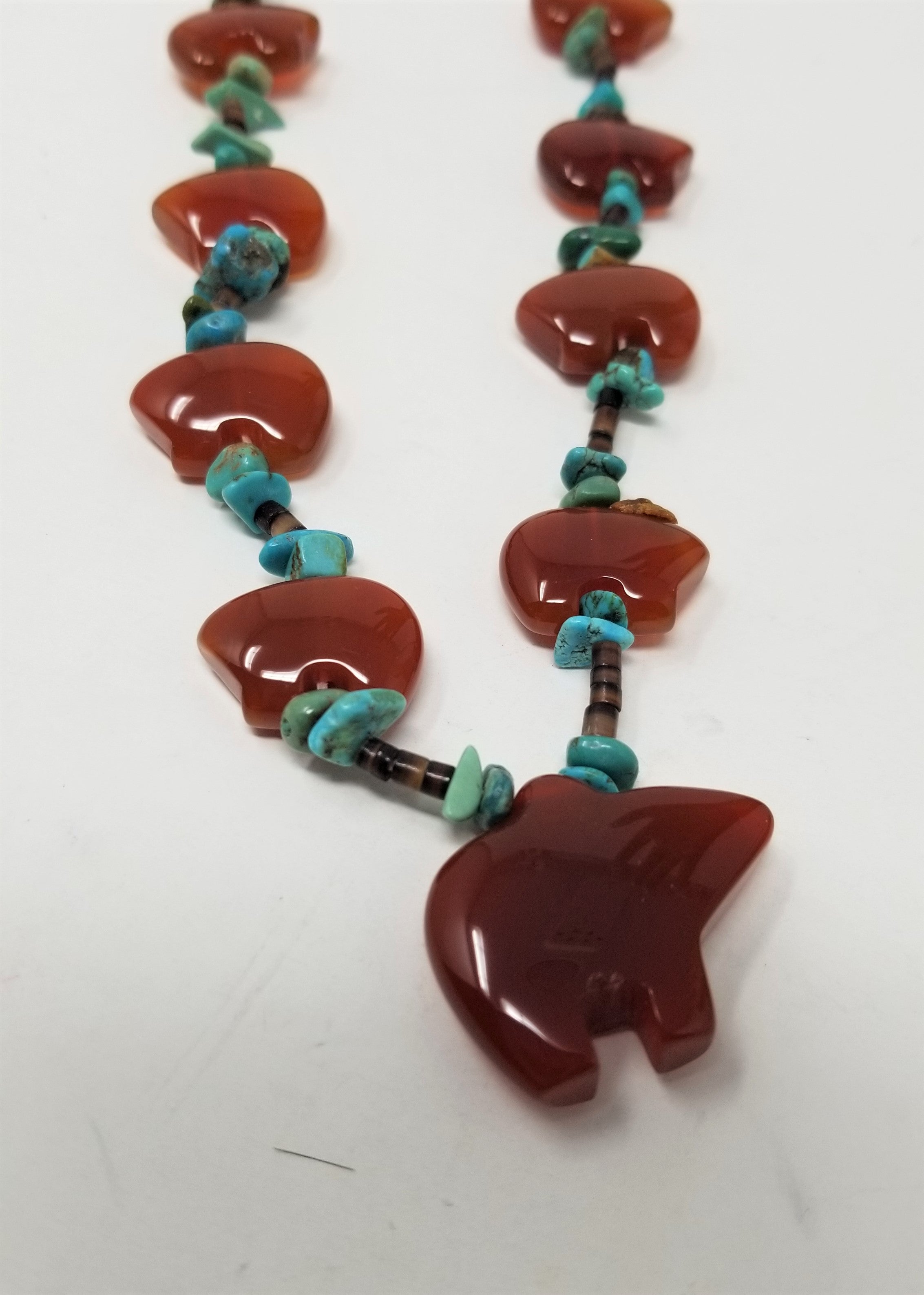Zuni Bear Necklace Carnelian Turquoise and Heshi Shell
