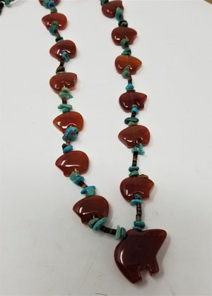 Zuni Bear Necklace Carnelian Turquoise and Heshi Shell
