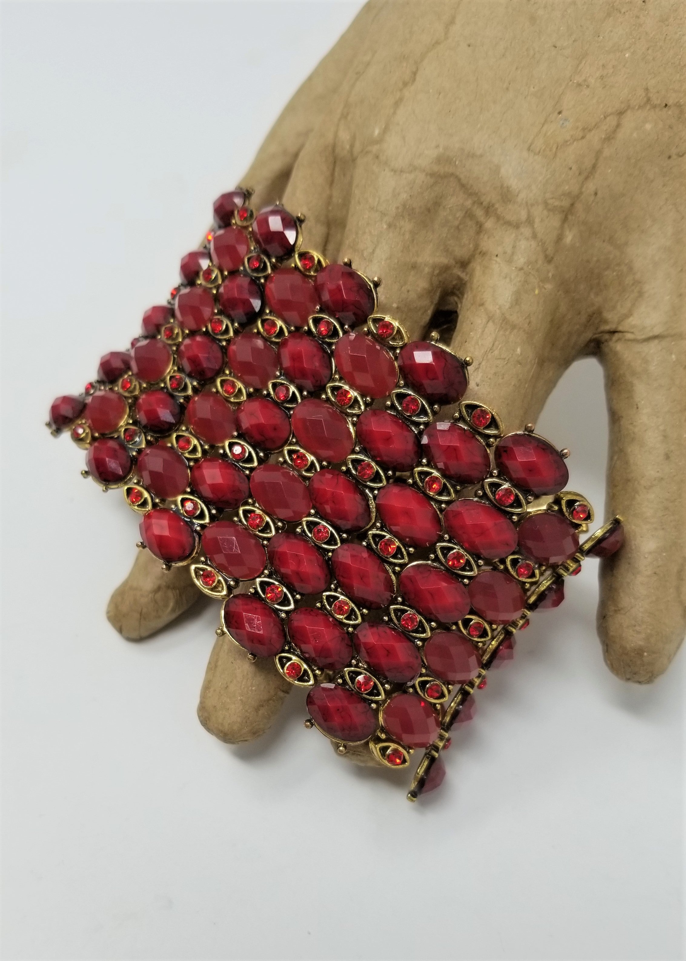 Ruby Red Rhinestone Stretchy Bracelet 2" Wide