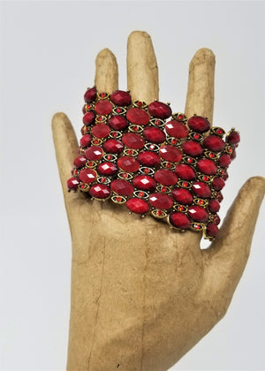 Ruby Red Rhinestone Stretchy Bracelet 2" Wide