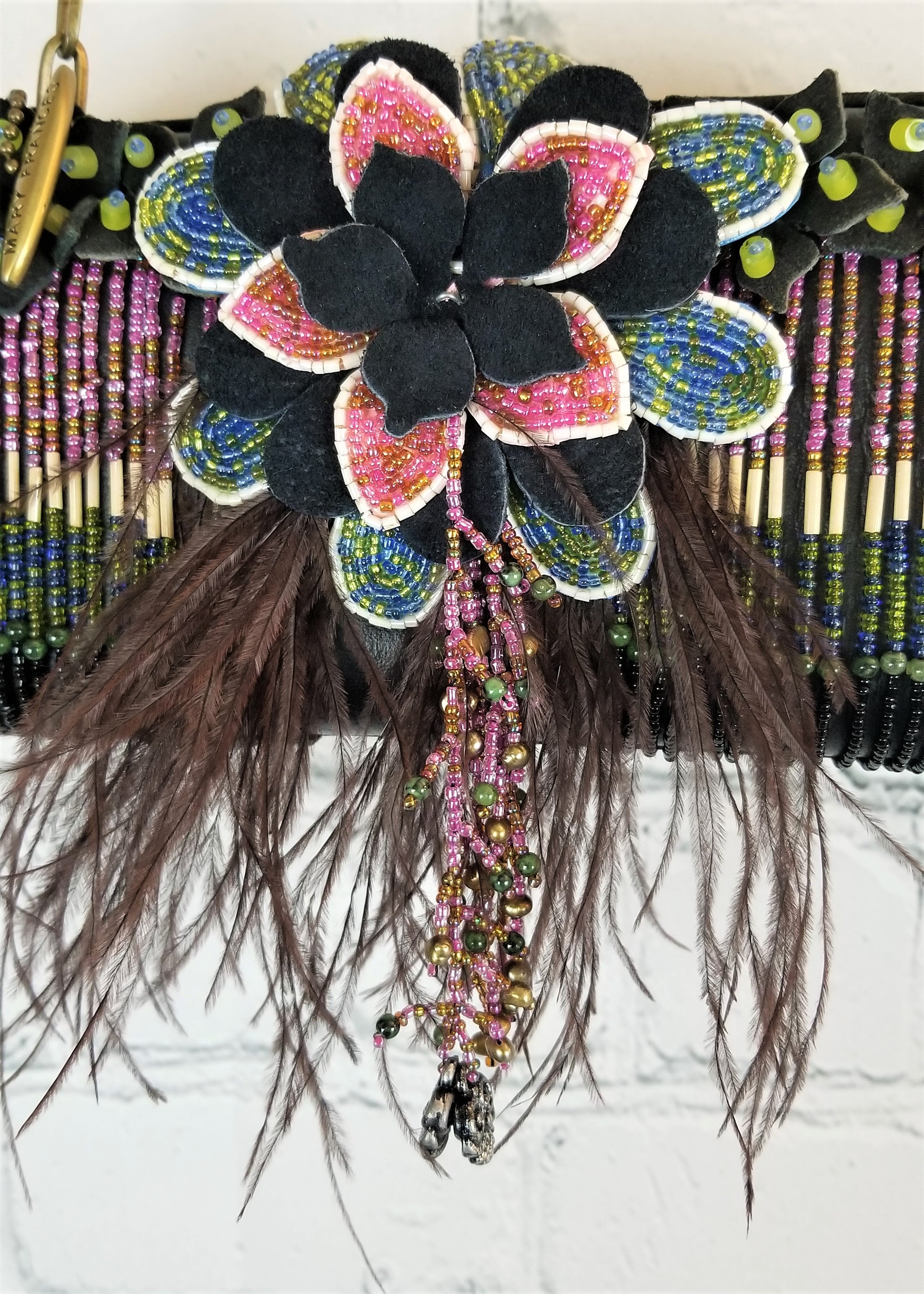 Mary Frances Black Beaded Flower Feather Plume