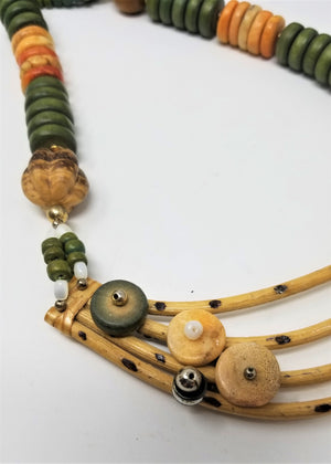 Interesting Wood Bamboo and MOP Necklace