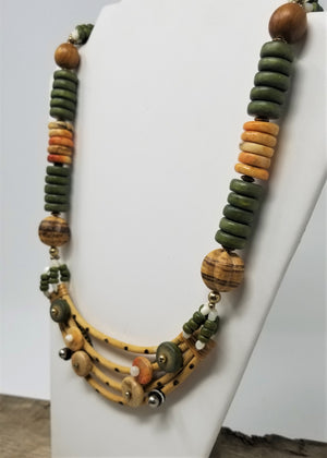 Interesting Wood Bamboo and MOP Necklace