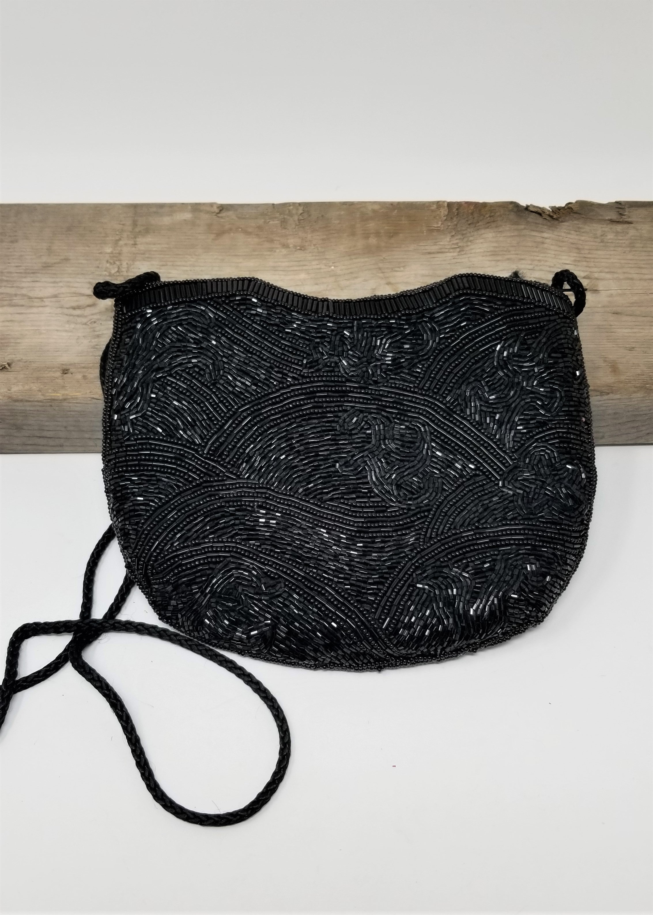 Swirls of Black Glass Beaded Evening Bag