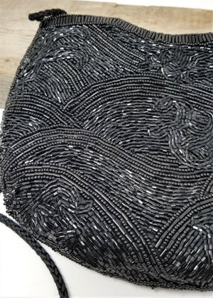 Swirls of Black Glass Beaded Evening Bag