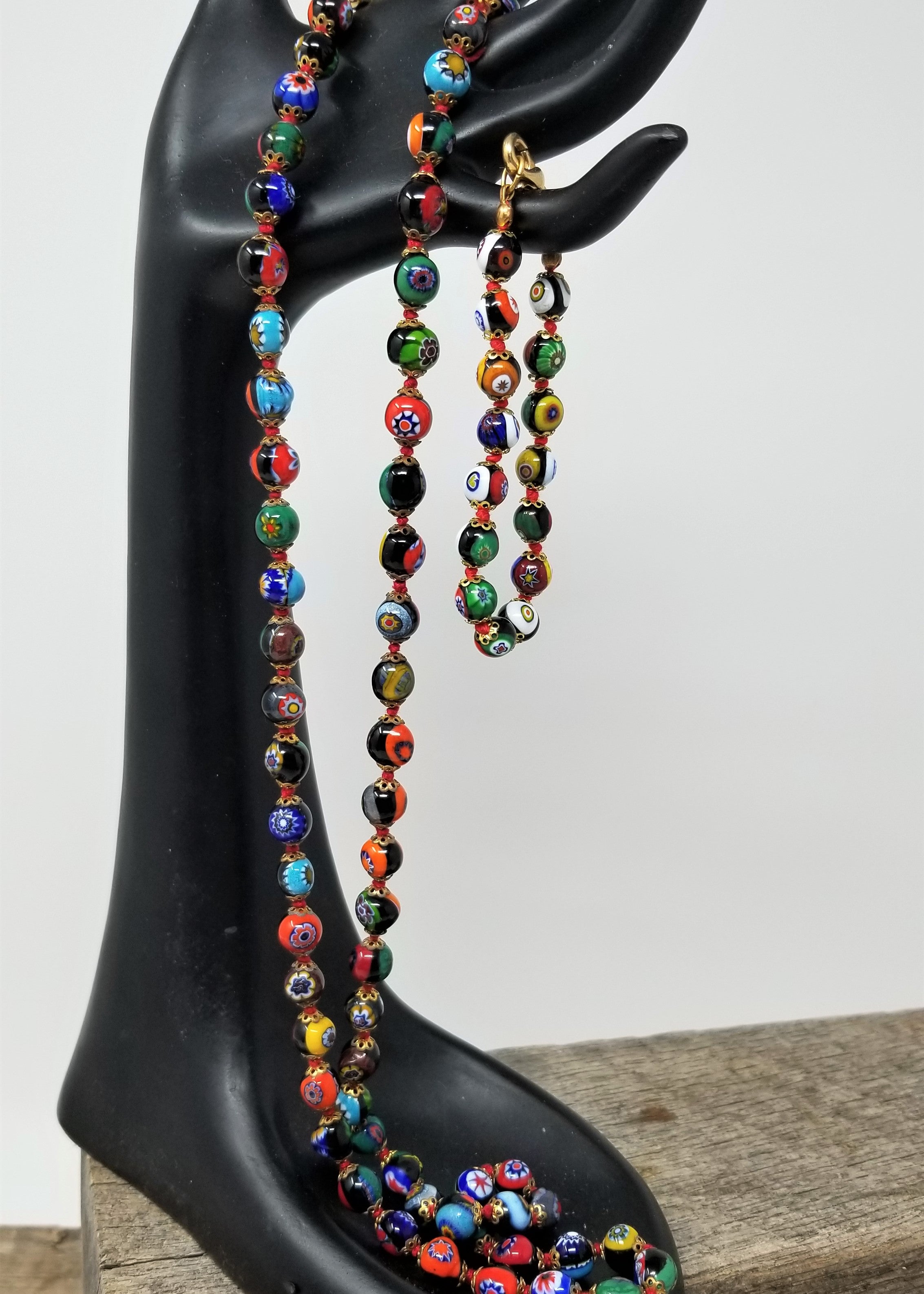Italian Millefiori Bead Necklace & Bracelet Hand Knotted
