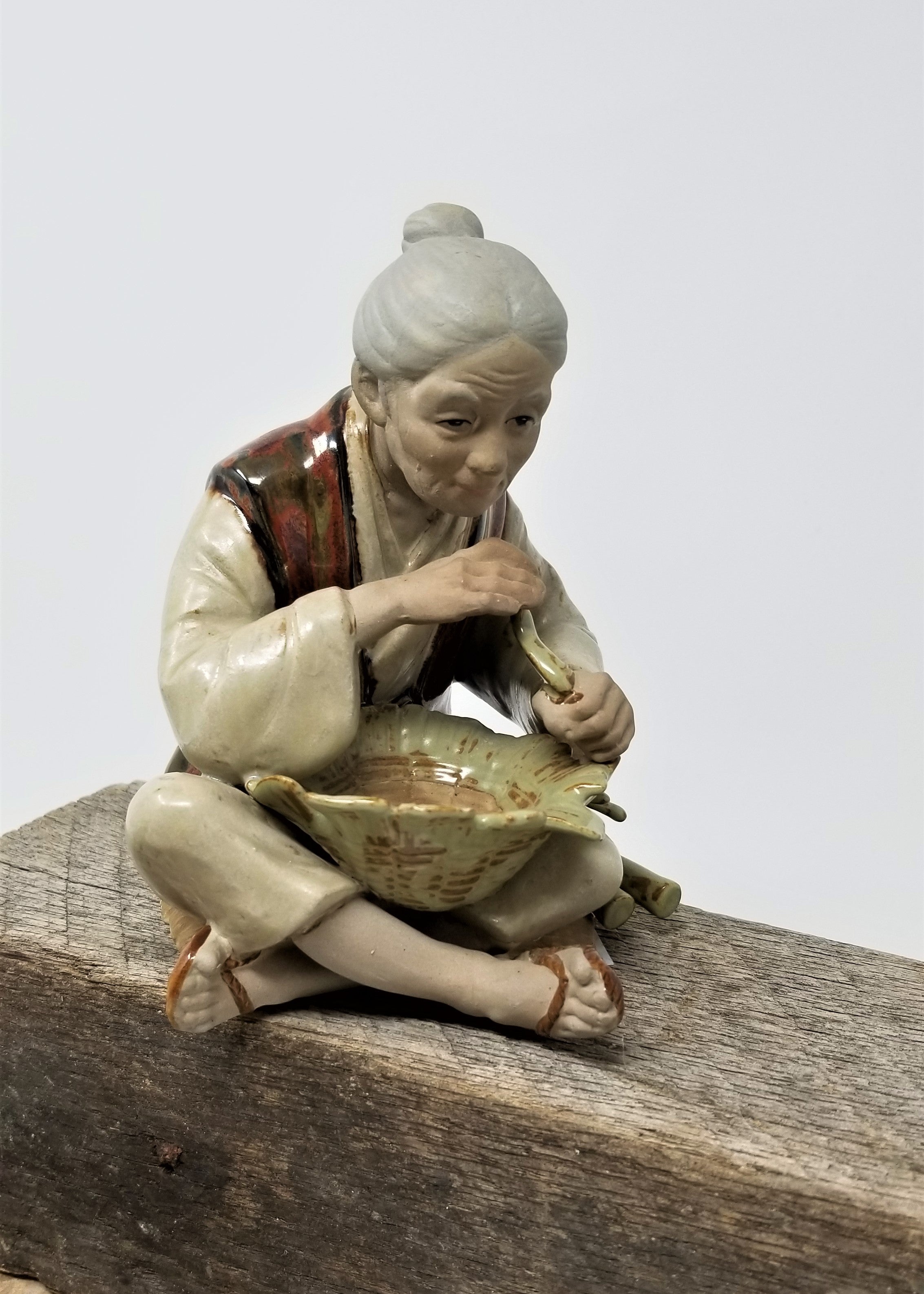 Vintage Napcoware Porcelain Bisque Japanese Man Sitting, Basket