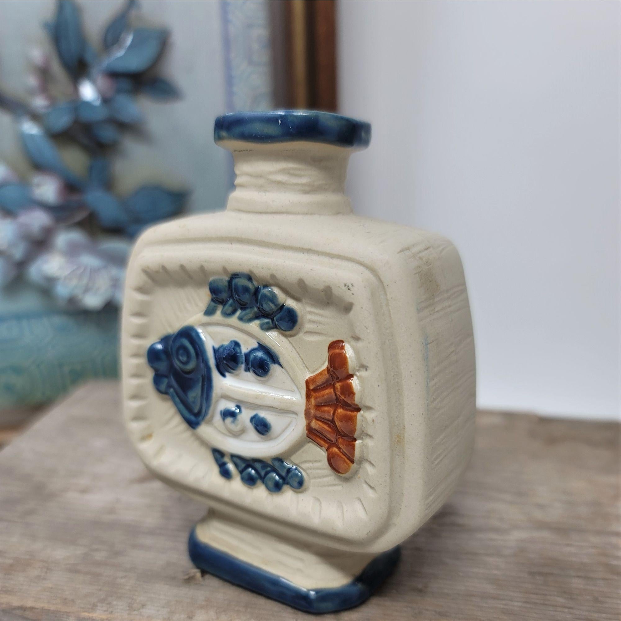 Vintage Miniature Clay Vase w/ Blue Fish