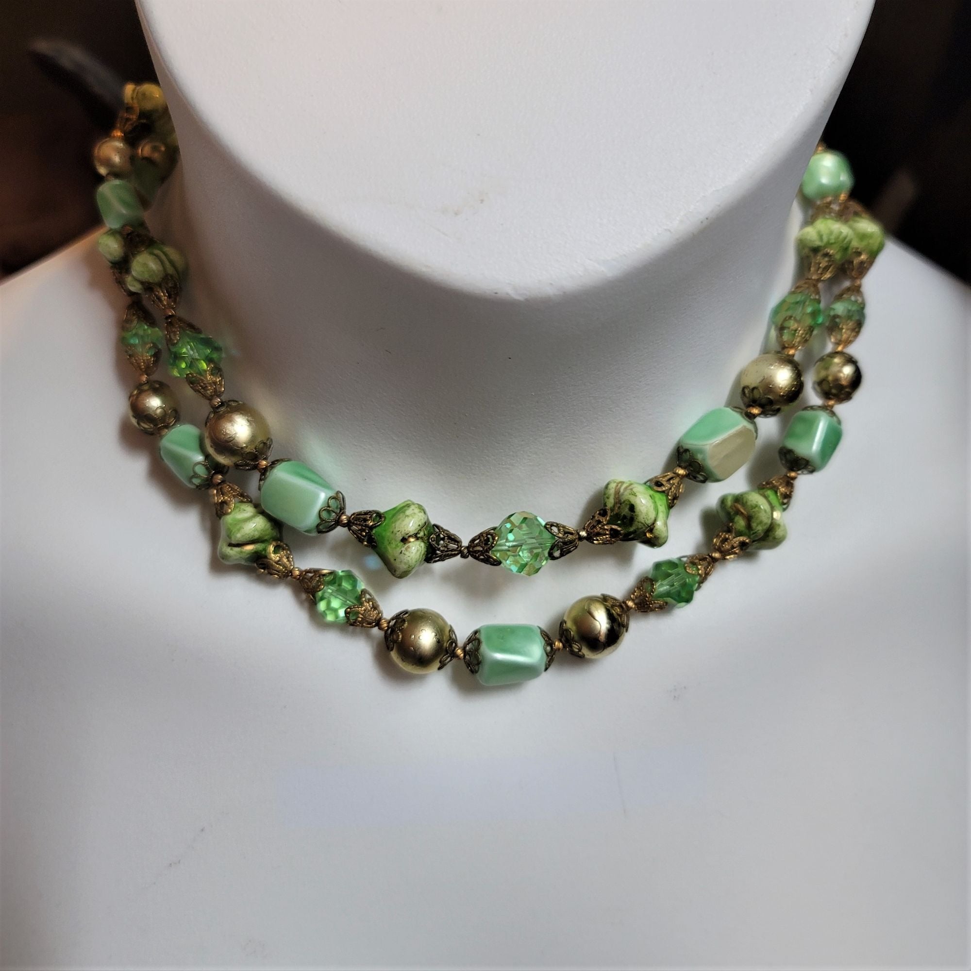 Vintage Double Strand Choker Mint Green Goldtone Necklace
