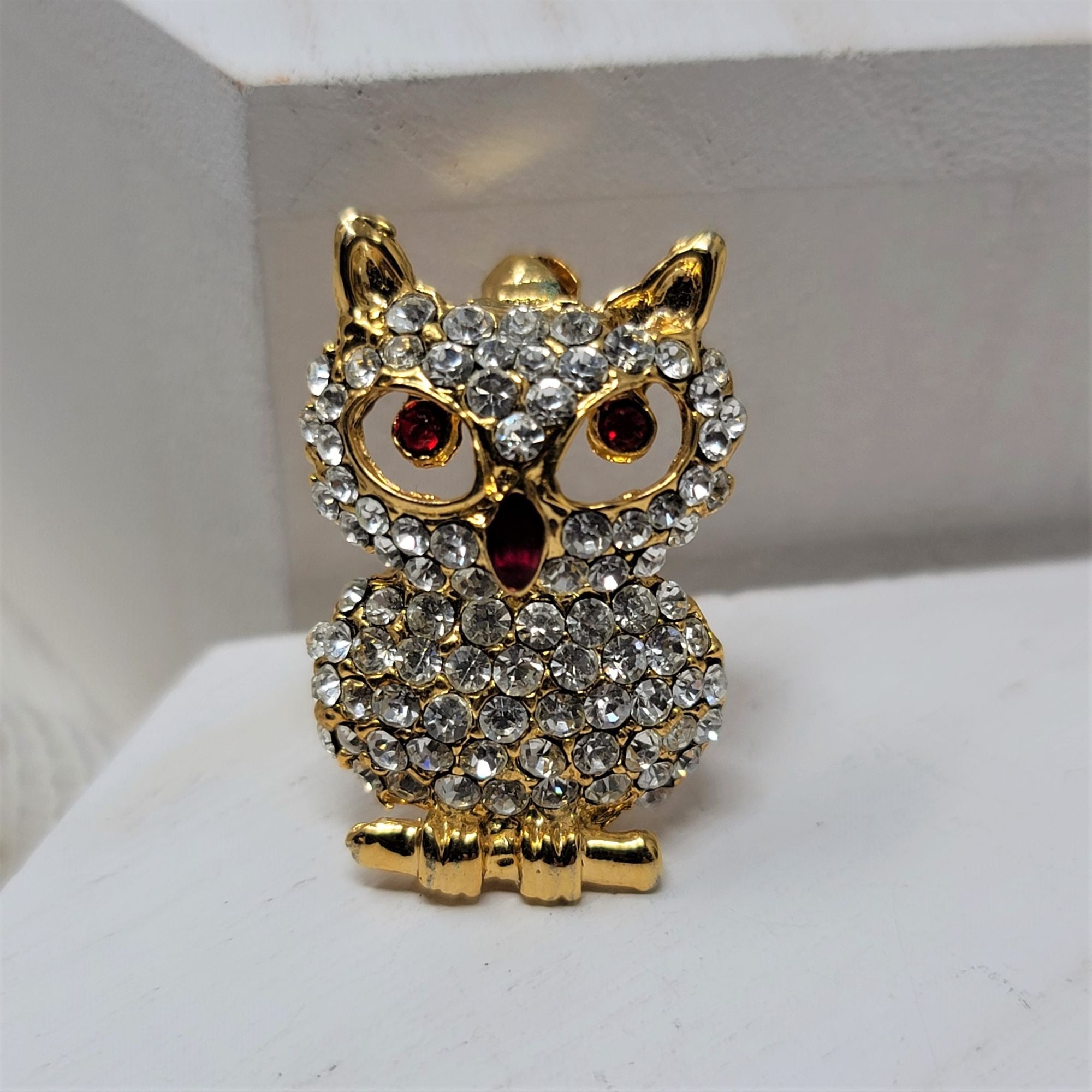 Sparkling Rhinestone Owl Pin Brooch Ruby Eyes