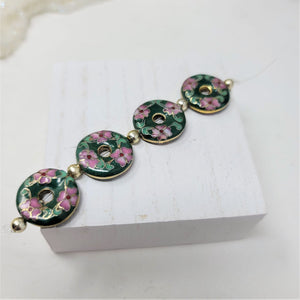 Vintage Cloisonne Beads, Donut, Classic Floral, Green, Pink Flower
