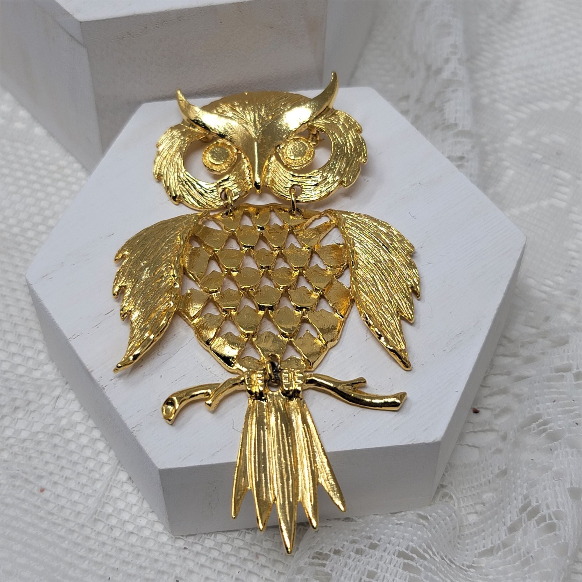 Jumbo Golden Owl Pin Brooch Bird Pin