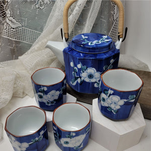 Japanese White Blue Floral Hand Painted Tea Pot & 4 Cup Set Made in Japan Vintage