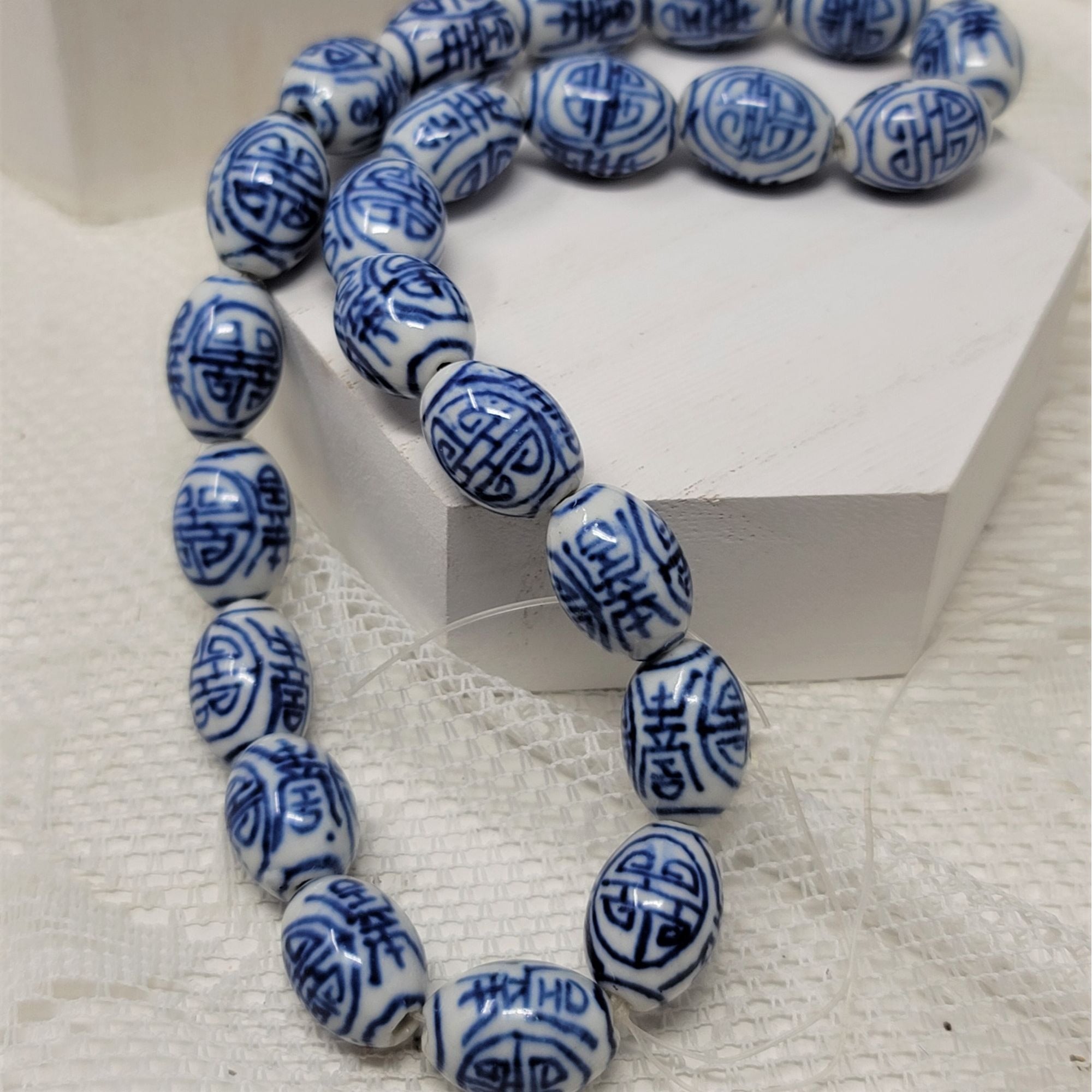 Vintage Blue & White Porcelain Beads Oval Oriental Design