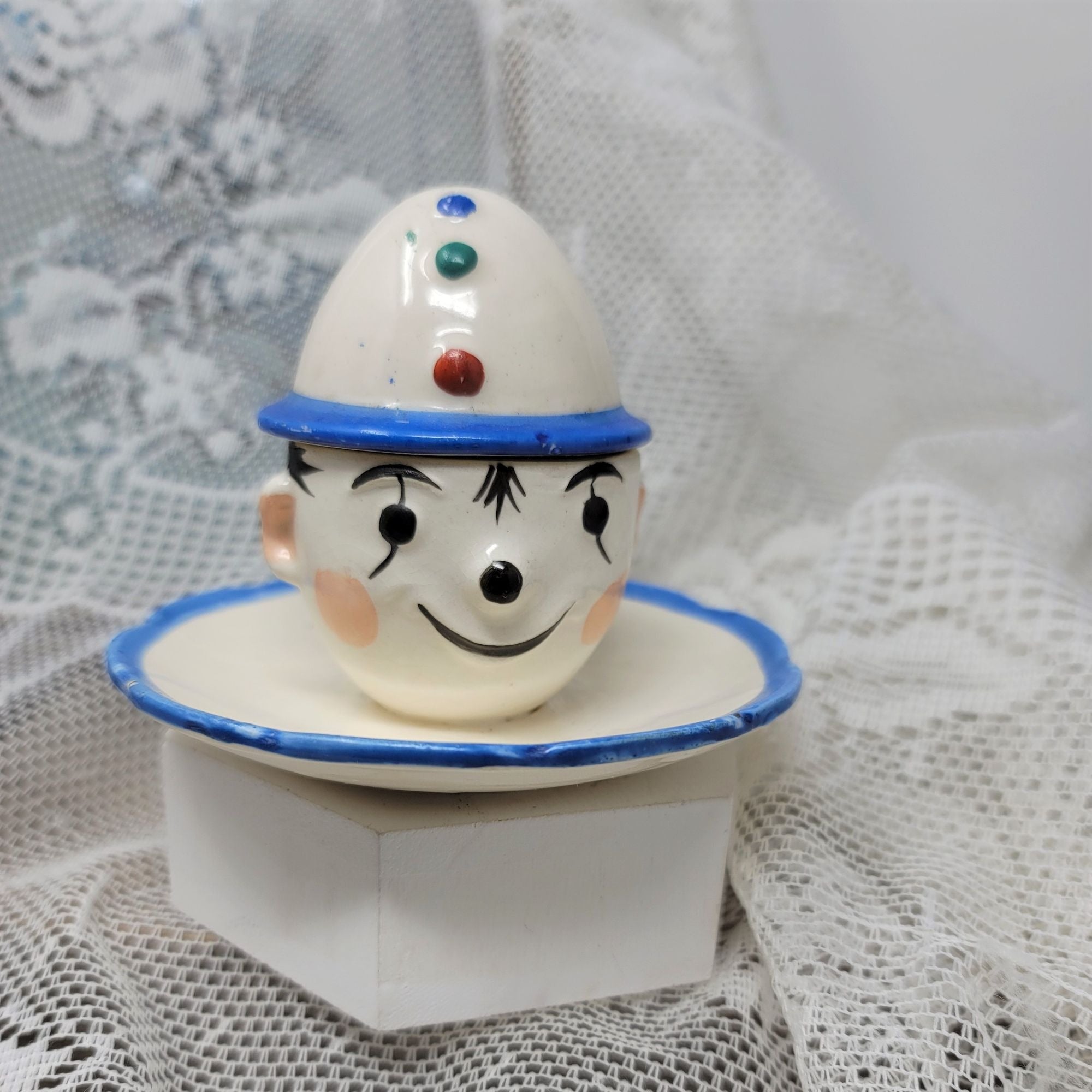 Vintage Clown w/ Hat Egg Holder Blue Trim