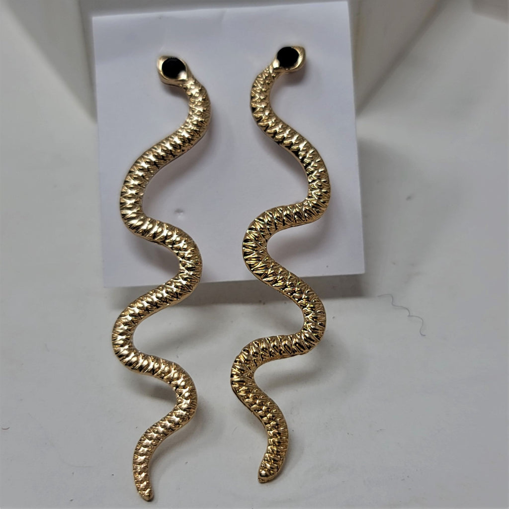 Long Snake Pierced Earrings Black Rhinestone head 2-3/4" Goldtone Posts