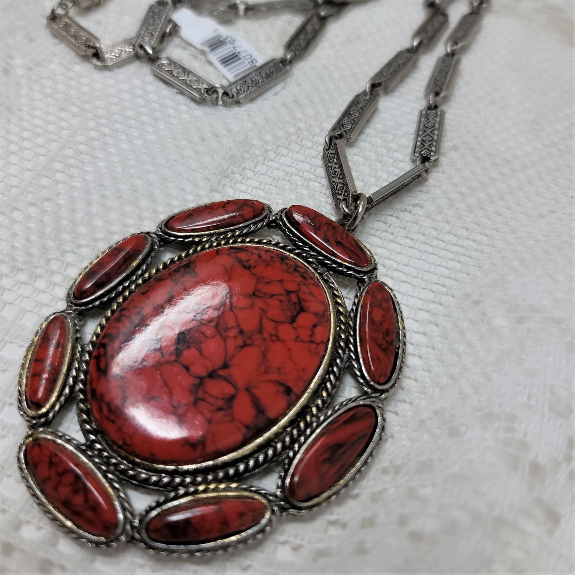 Burnt Red Large Pendant w/ Fancy Silver Tone Chain