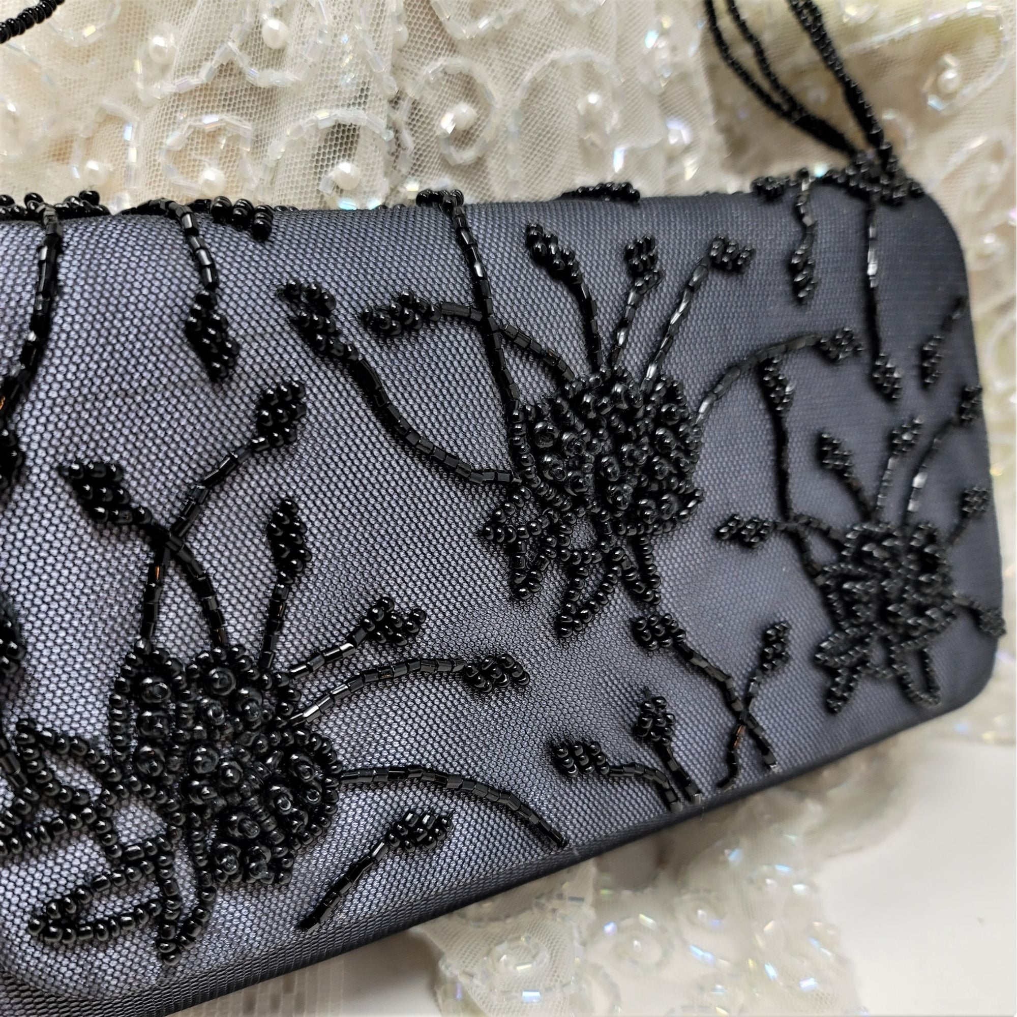 Black Beaded Evening Handbag Purse Floral Pattern