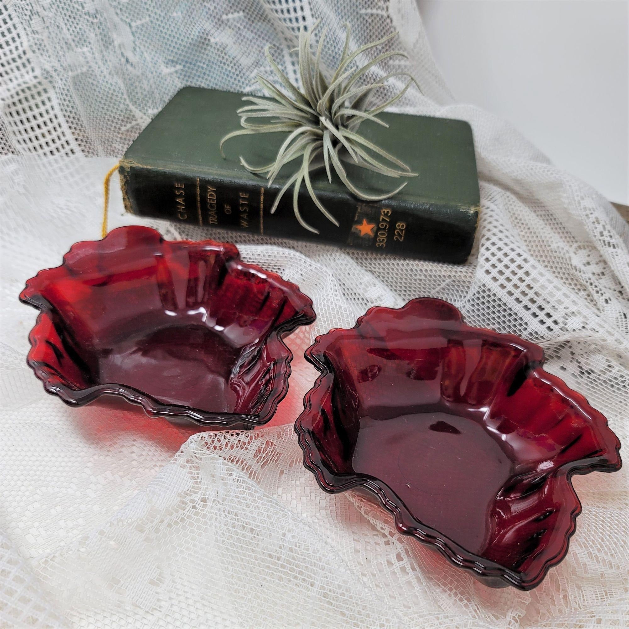 Anchor Hocking Ruby Red Glass Maple Leaf Candy Dish. Set of 2