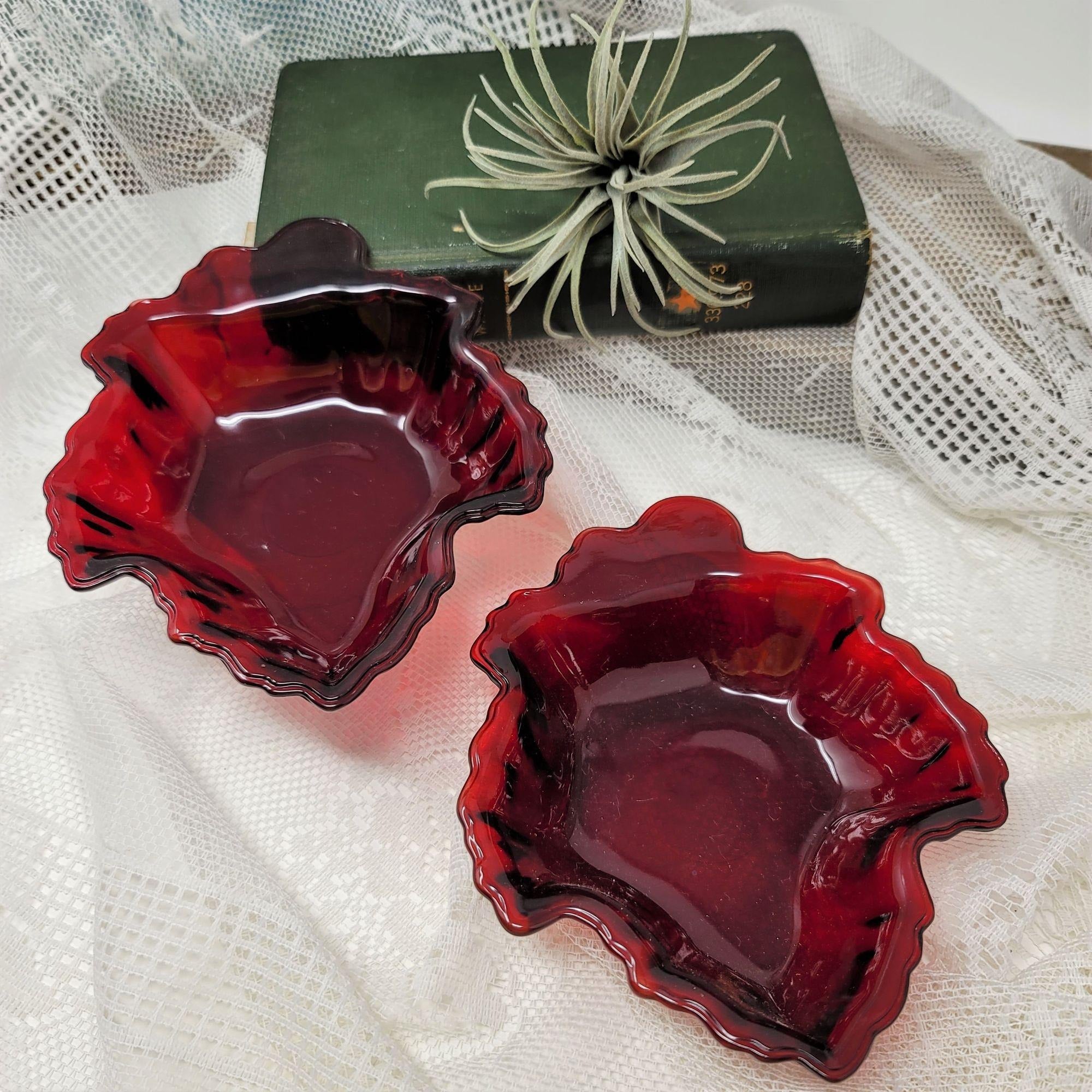 Anchor Hocking Ruby Red Glass Maple Leaf Candy Dish. Set of 2