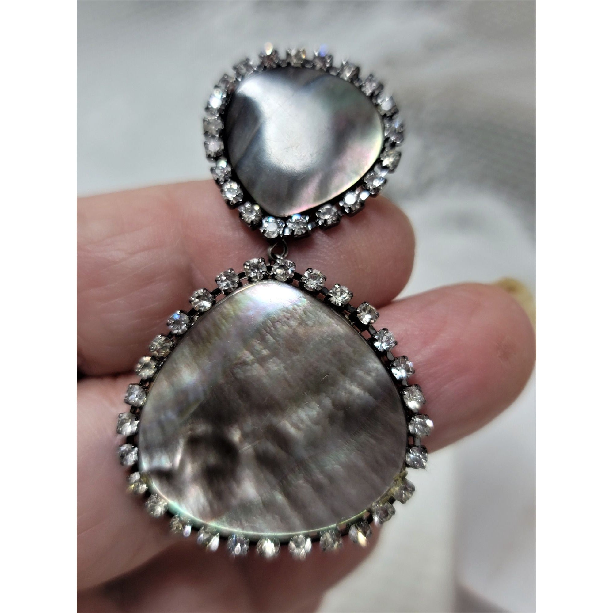 Large Mother of Pearl Dangle Earrings Pierced Rhinestones