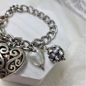 Love this Silver Charm Bracelet Flowers Hearts Rhinestones