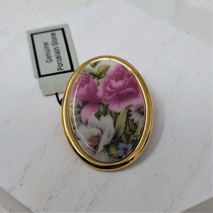 Vintage Porcelain Goldtone Pin Brooch Floral Design