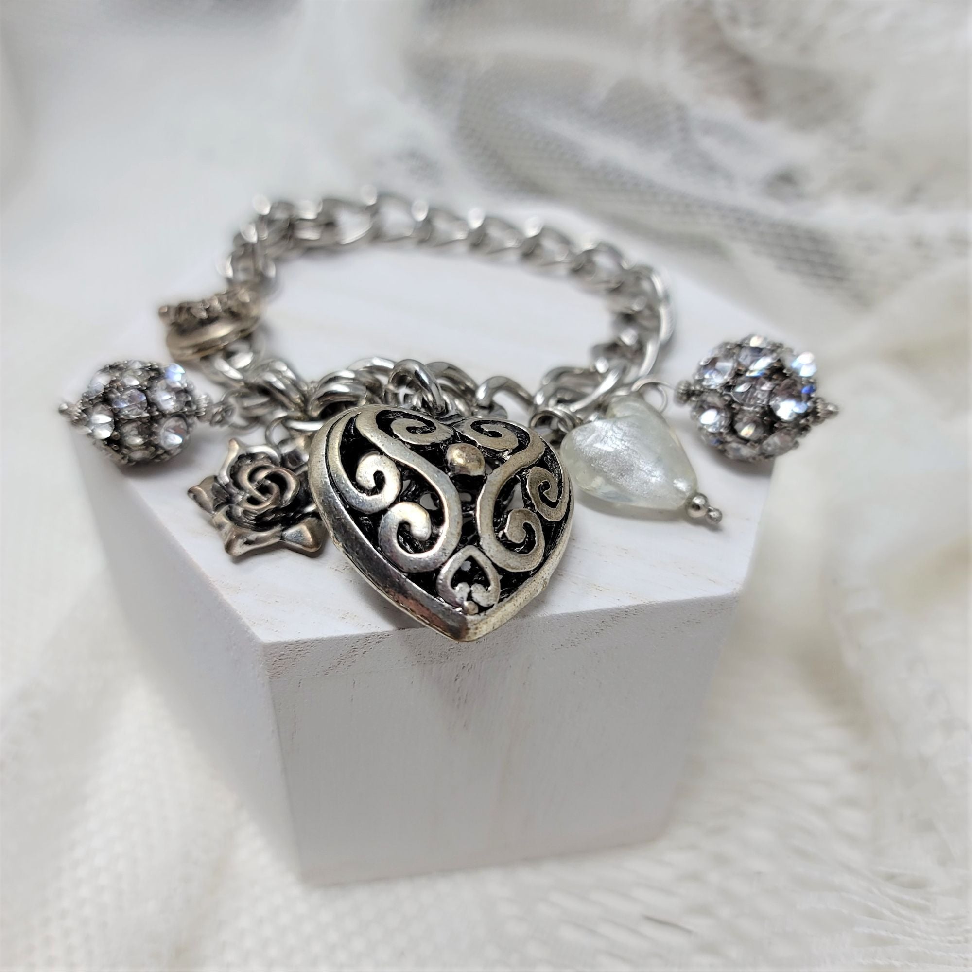 Love this Silver Charm Bracelet Flowers Hearts Rhinestones