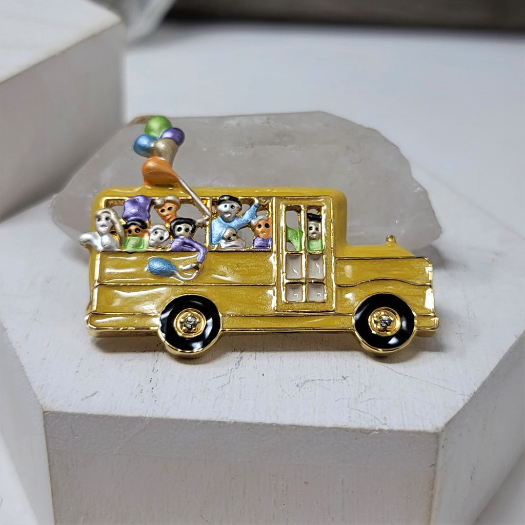 Cute Yellow School Bus Pin Brooch Enameled, Kids, Rhinestones