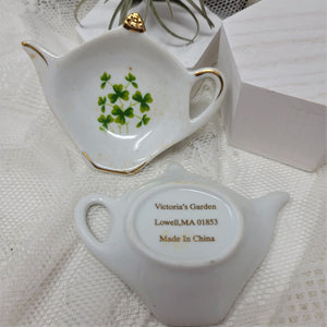 Darling Three leaf Clover Tea Bag Coasters Gold Trim