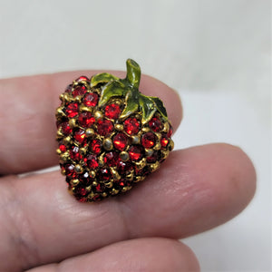 Ruby Red Rhinestone Strawberry Pin Brooch Goldtone