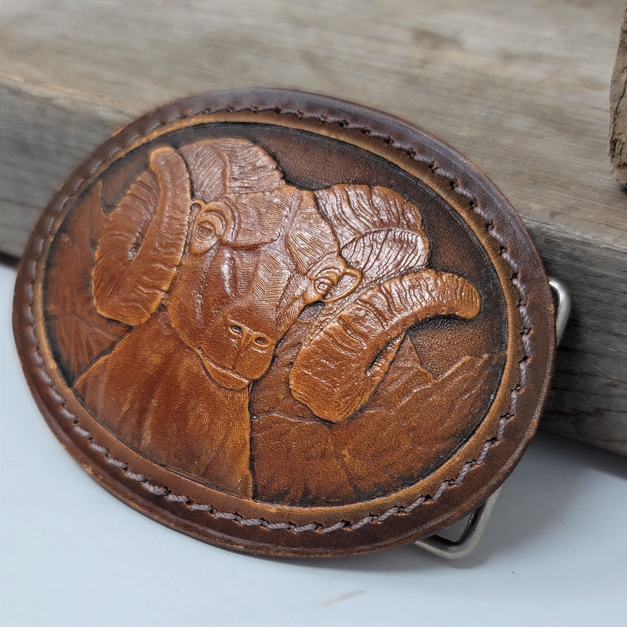 Leather Belt Buckle Big Horn Ram Hand Stitched Vintage