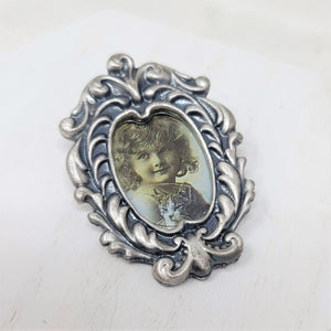 Vintage Pewter Finish Pin Brooch Photo Frame Oval