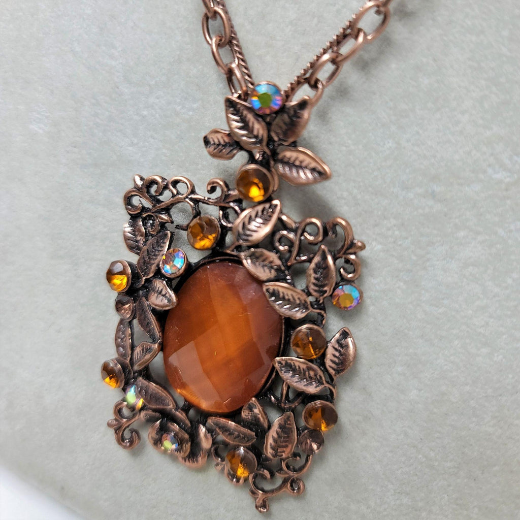Unique Burnt Orange Necklace in Rose Gold w/ Rhinestones
