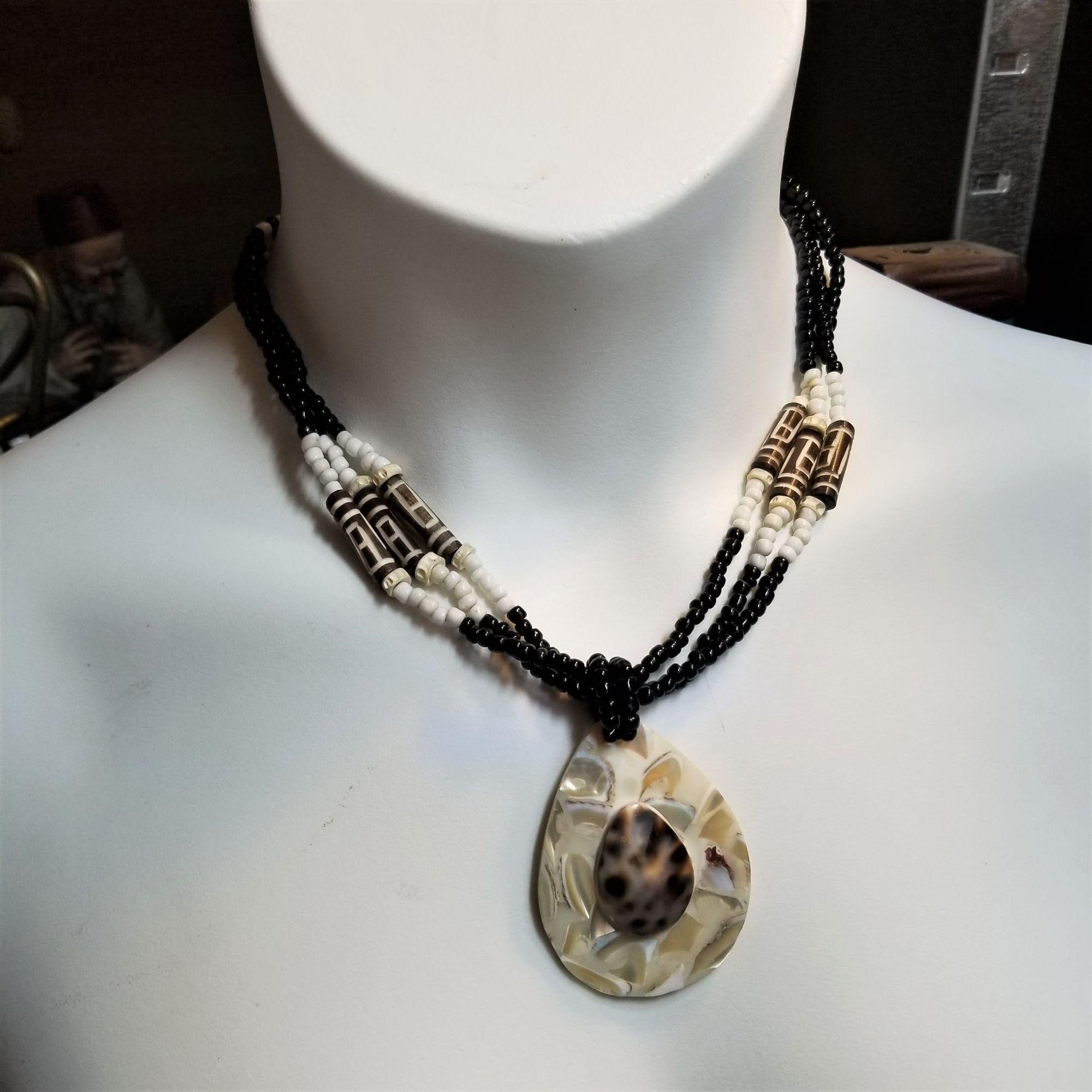 MOP Inlay Necklace Glass & Bone Trim