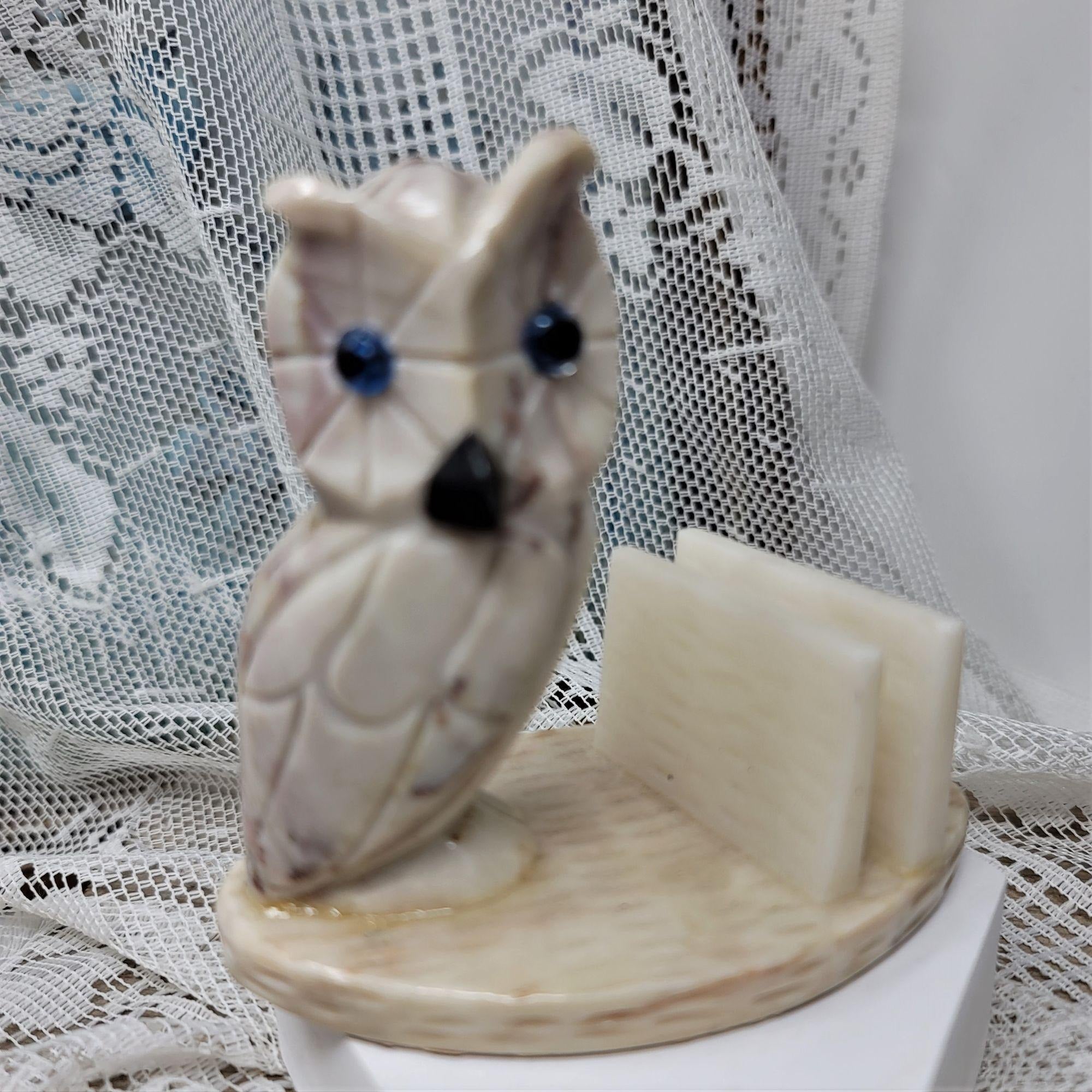 Marble Owl Card Holder Vintage Blue Eyes