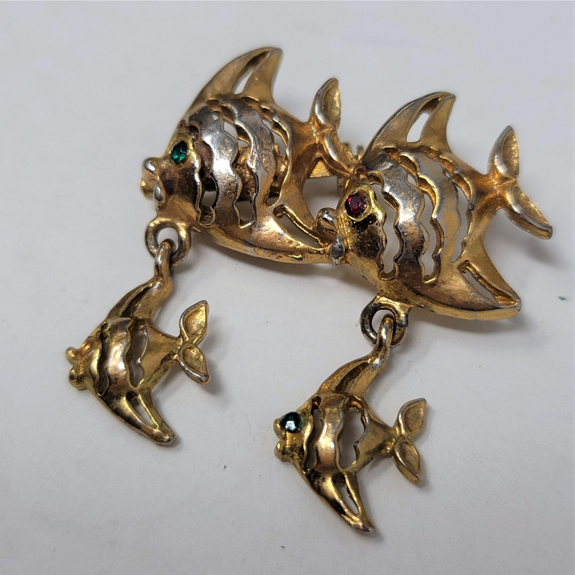 A School of Fish Pin Brooch Rhinestone Eyes Gold