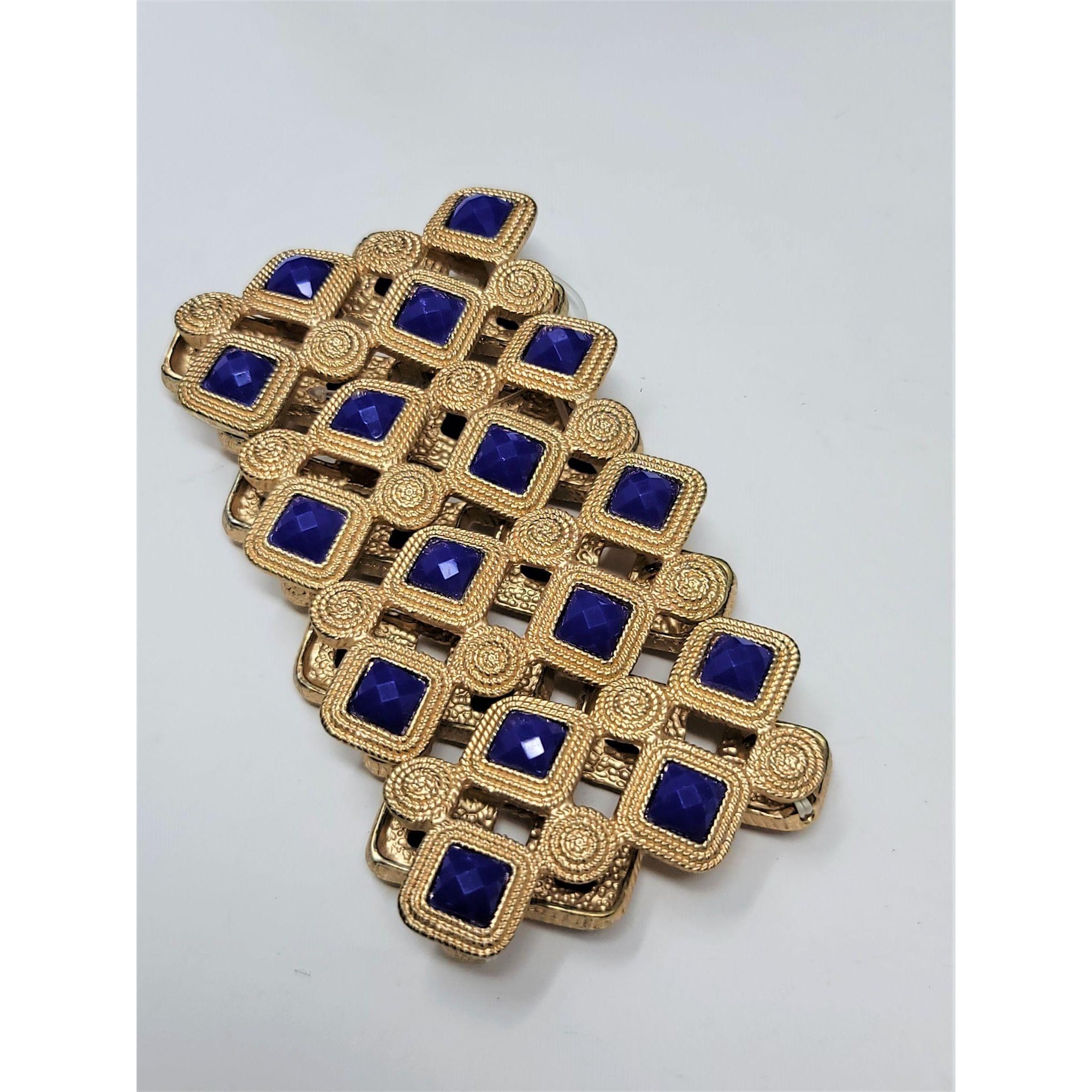 Stunning Gold & Blue Stretch Bracelet 2″ Wide