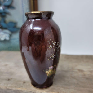 Small Vintage Brown Vase with Gold Bird & Flowers Japan