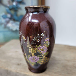 Small Vintage Brown Vase with Gold Bird & Flowers Japan