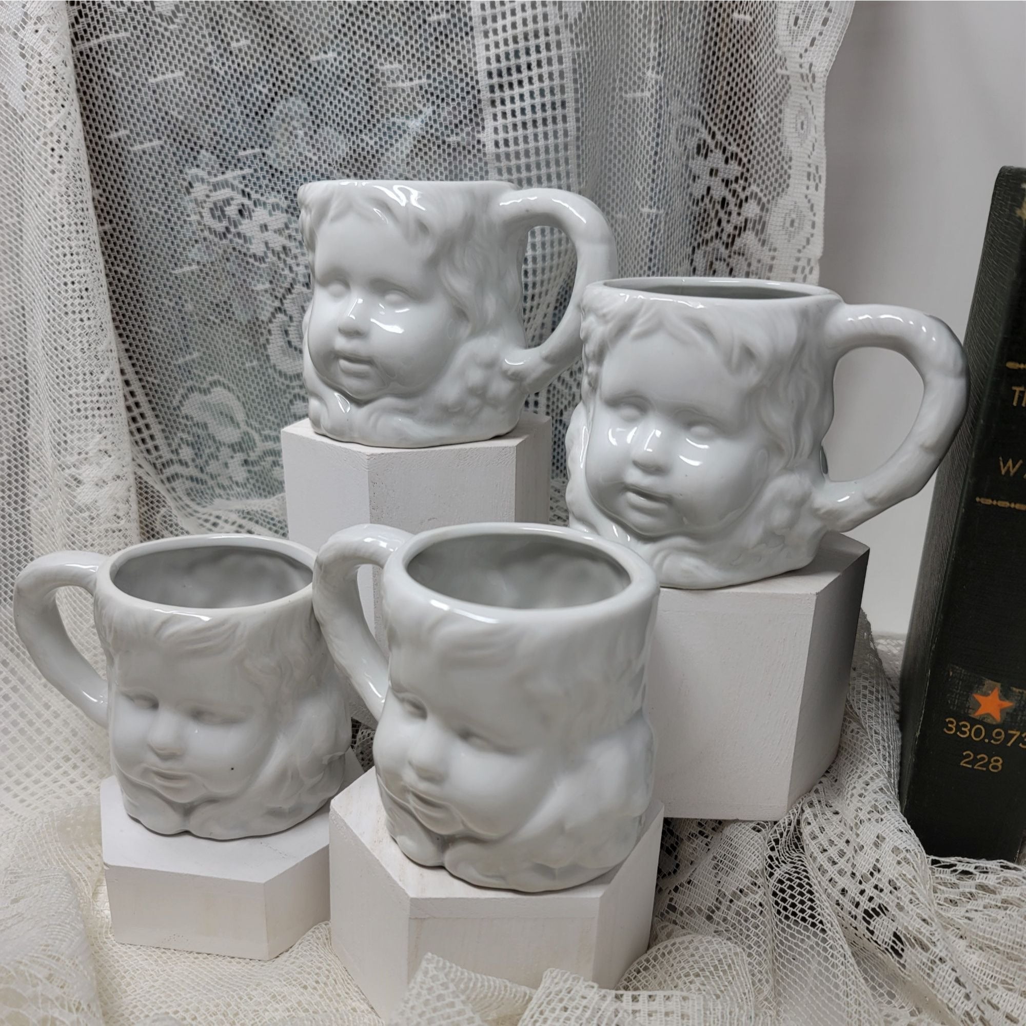 Set of Four Young Girl Face Mugs White Cool & Unique