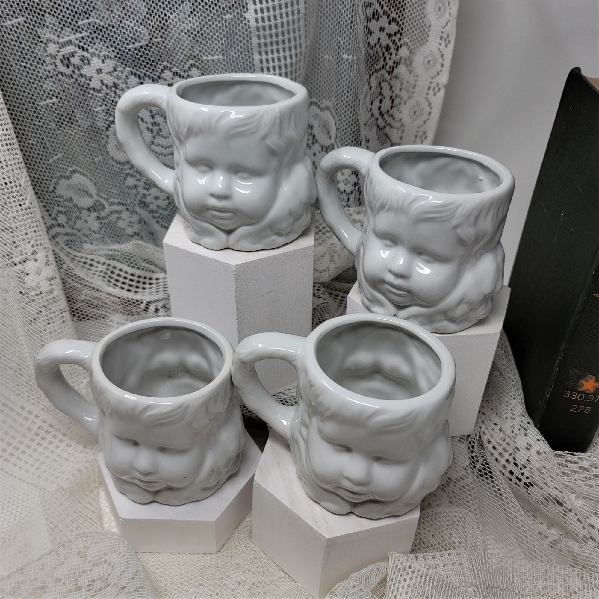 Set of Four Young Girl Face Mugs White Cool & Unique