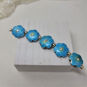 Vintage Enameled Beads Flower Design Rhinestone Blue Puffy