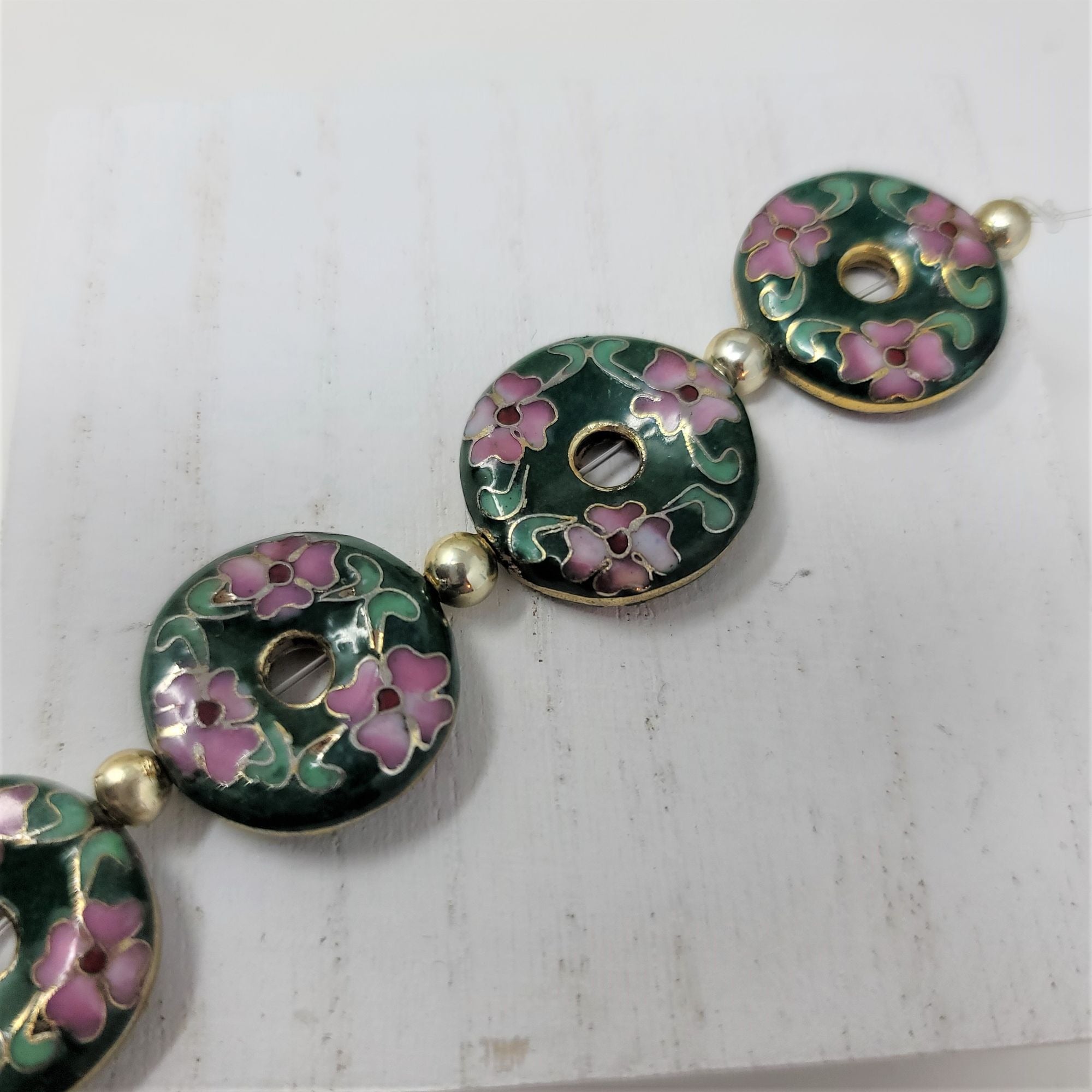 Vintage Cloisonne Beads, Donut, Classic Floral, Green, Pink Flower